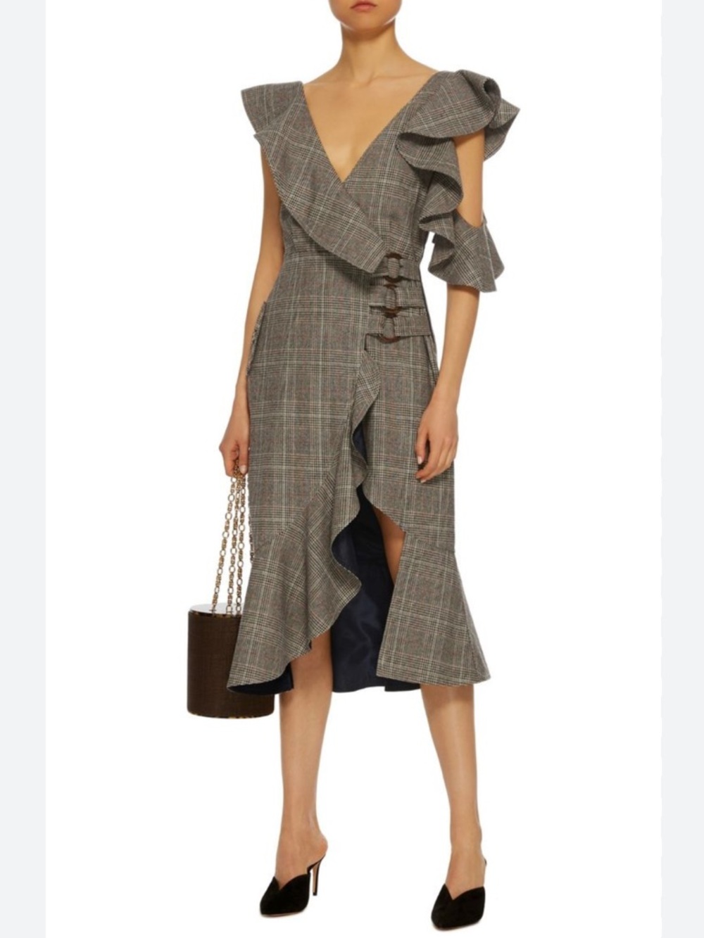 Self Portrait O Ring Check Wrap Dress US 2 Ruffle Wool Blend NWT